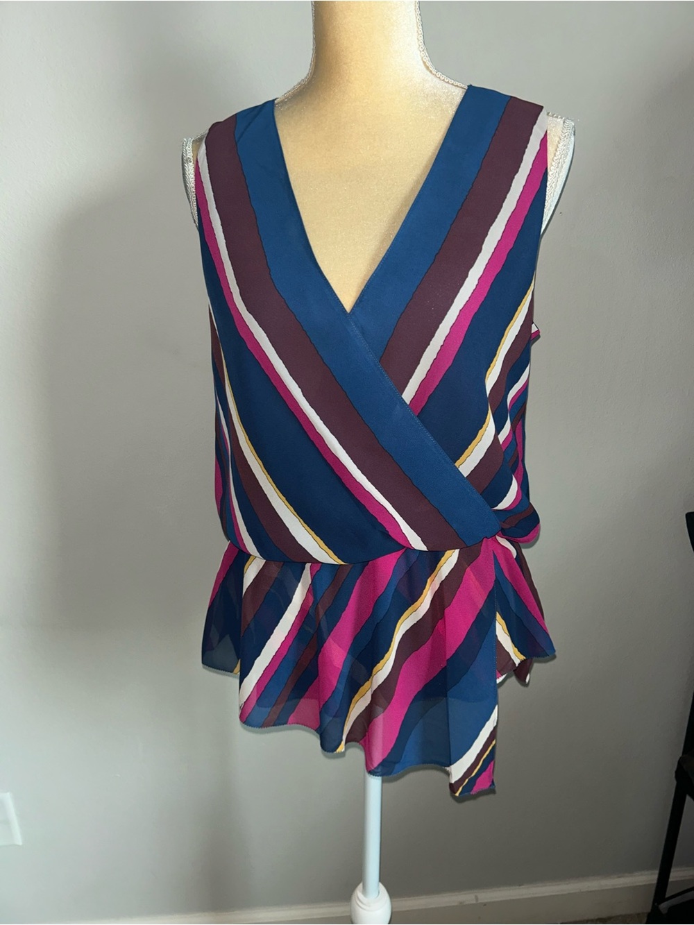 NWT Trina Turk Sleeveless Striped Wrap Peplum Top - Blue/Magenta Sz M